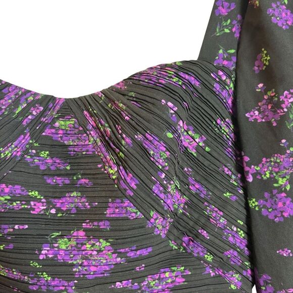 Amur Giulia Pleated Mini Dress Long Sleeve Black Purple Floral Size 6 - Picture 12 of 16